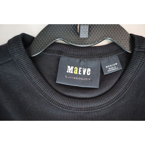 Maeve x Anthropologie Women's Sz M Black Ribbed Knit Stretch Crew Neck S/S Top - Picture 3 of 5